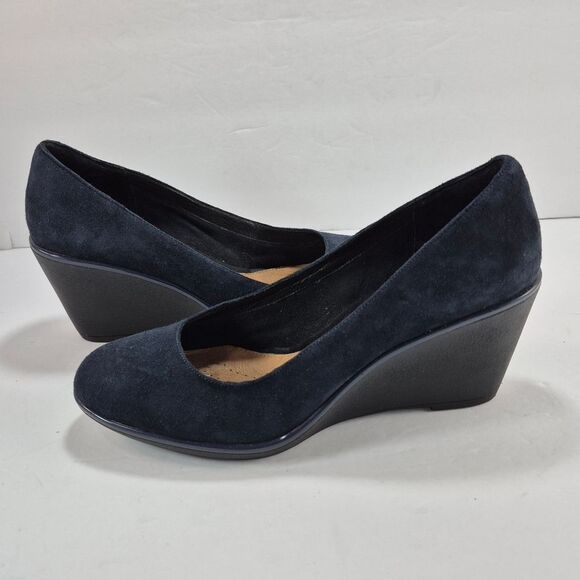 Clarks Artisan Flores Tulip Blue Suede Leather 3" Wedge Pumps Heels Woman's 10M. - Picture 1 of 10